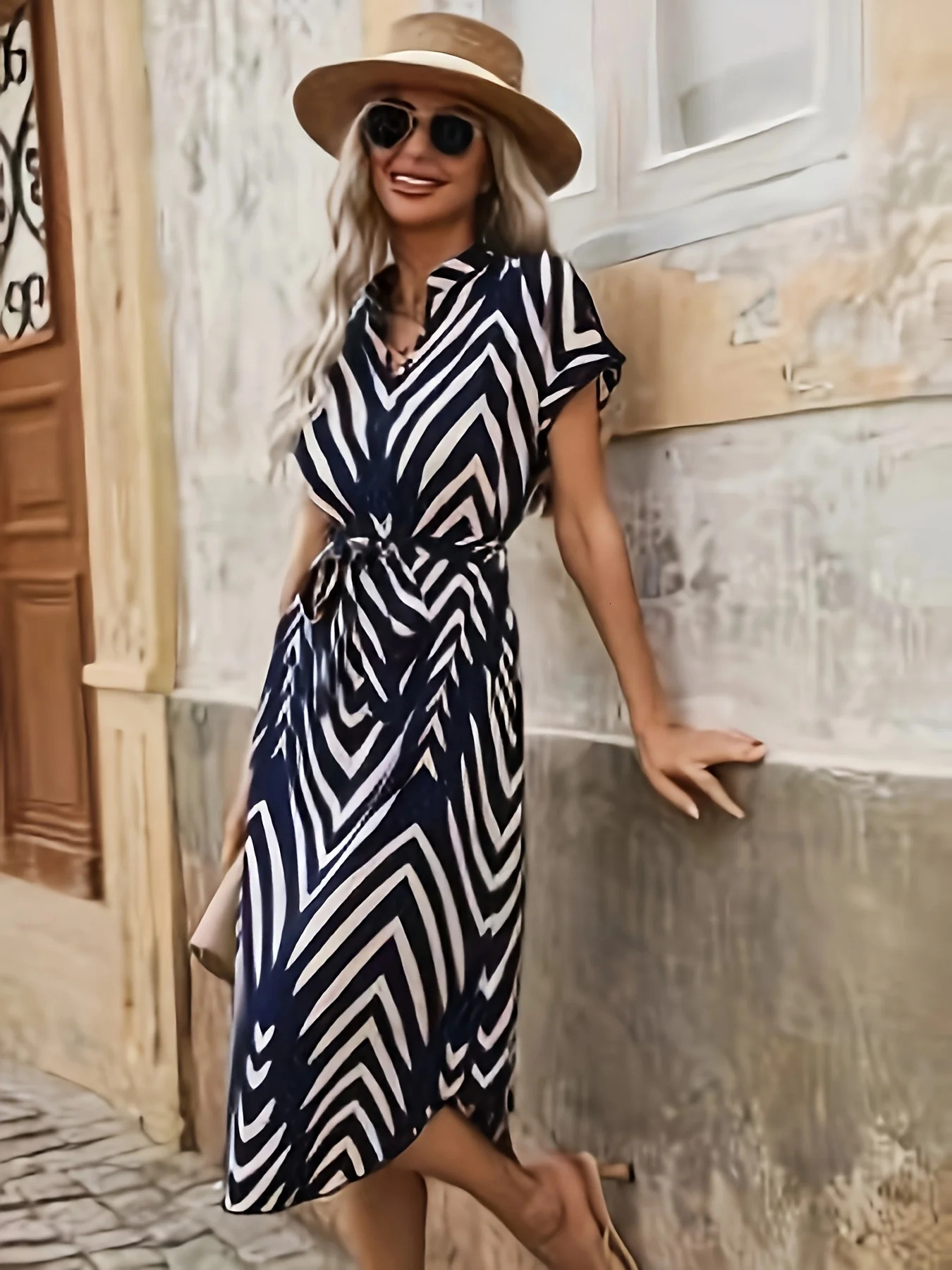 Summer Fashion Clothing Women's Elegant And Casual V-neck Short Sleeved Stripe Belt Comfortable Dress 260922 - view 4
