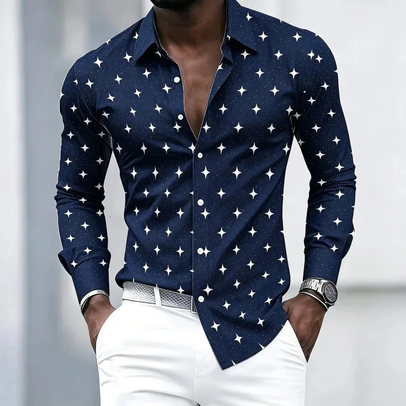 Men's Collared Long-Sleeved Shirt Classic Black Base with White Star Print Slim Fit Suitable for Commuting and Going out. 260923 - view 5