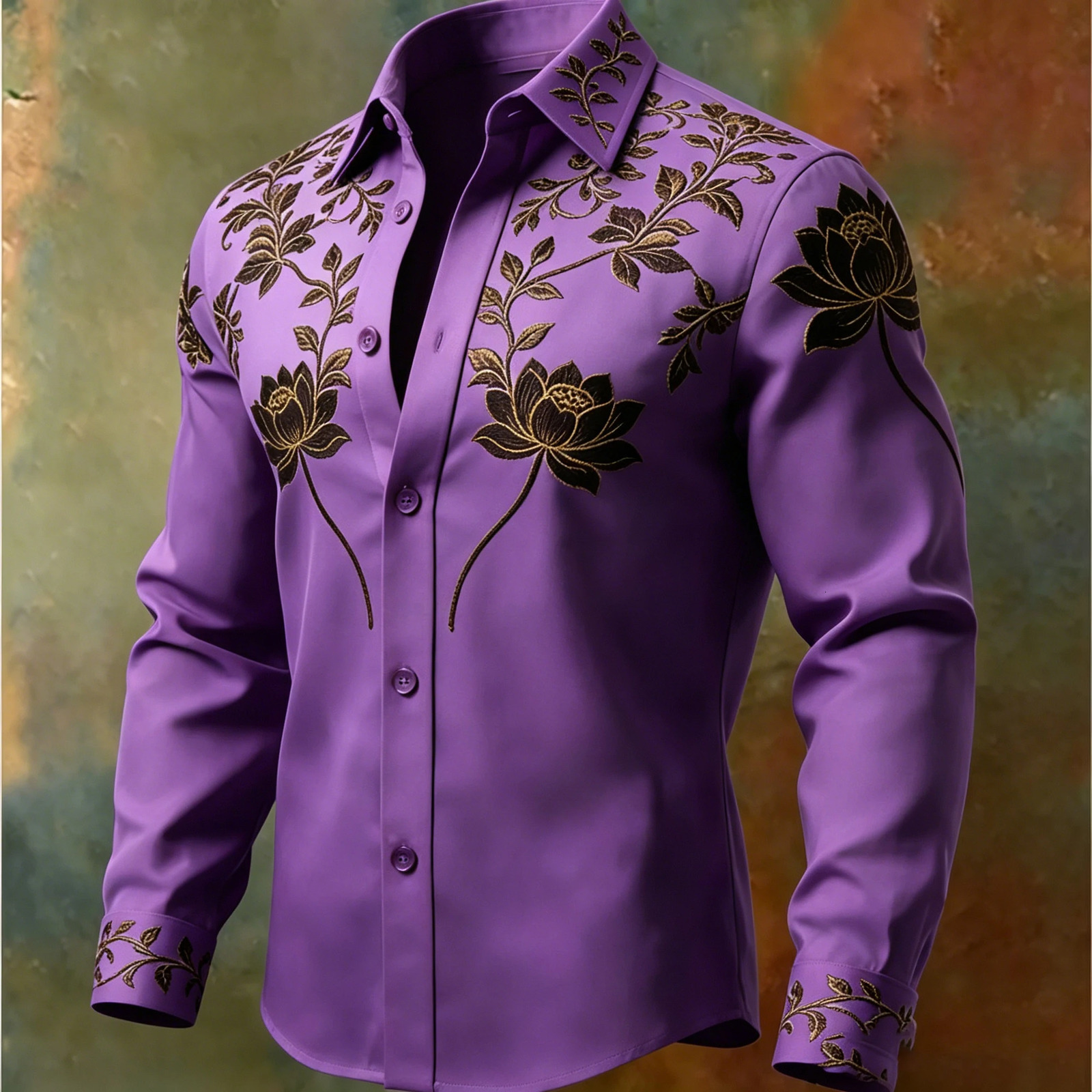 Men's y Gold Thread Lotus Embroidery Long Sleeved Shirt with Satin Texture Lapel Button Casual Formal Shirt 260922 - view 4