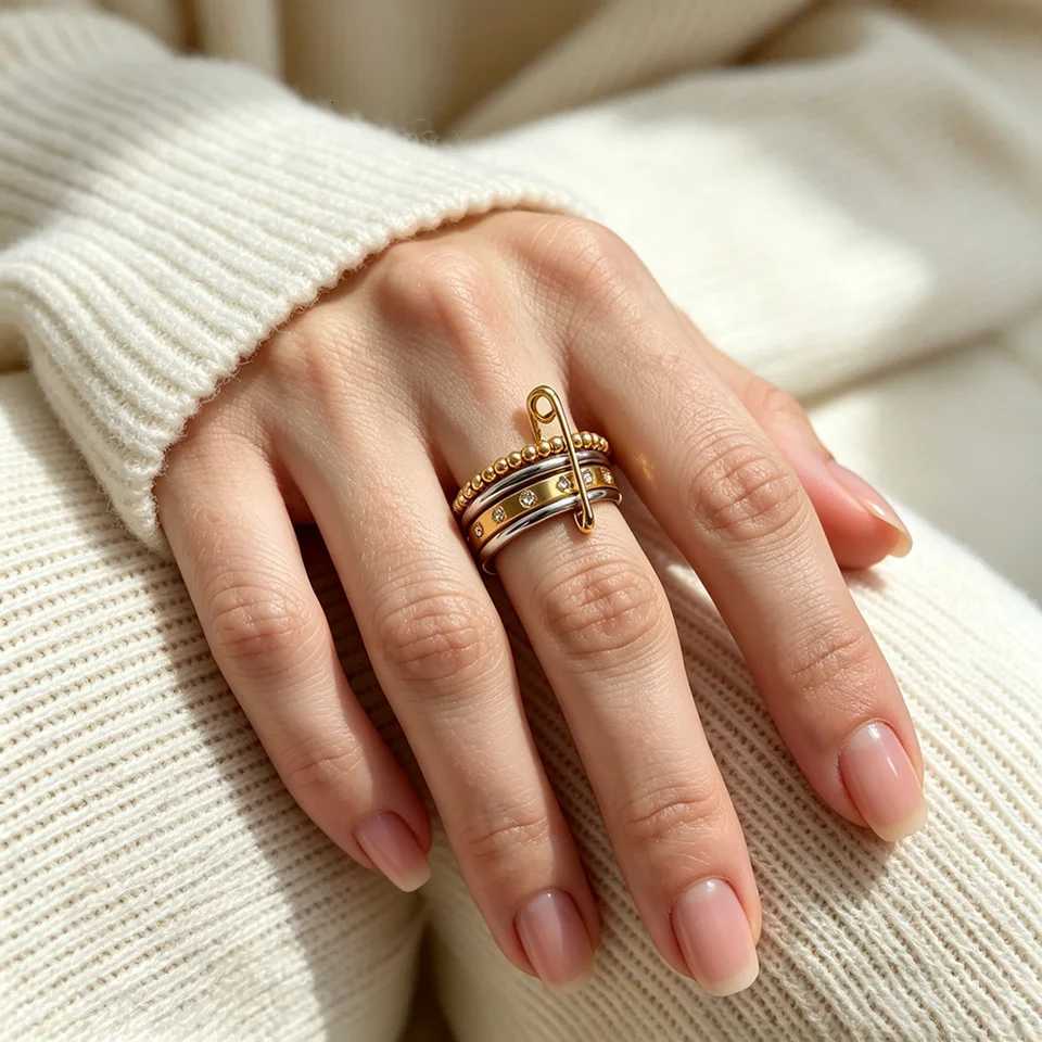 Trendy E.B.belle Band Paper Rings Clip Double Color Four Layers Star Zircon Ring Women Stainless Steel 18K Gold Plated Statement Jewelry N260924 - view 5