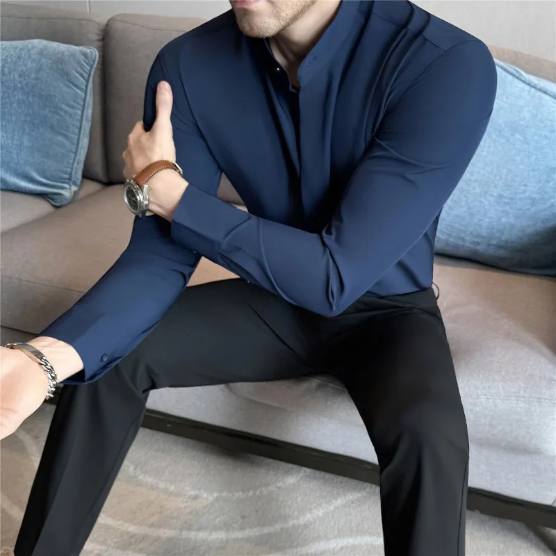 Men Dress Shirts British Style Stand Collar Formal Shirt Long Sleeve Business Casual Slim Fit Shirts Black White Men Clothing 260922 - view 4