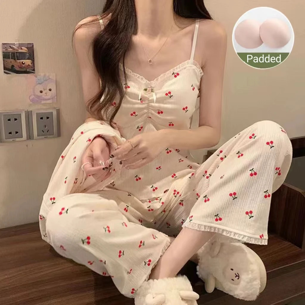 Pajamas Female Long-Sleeved Spring And Autumn Suspenders Trousers Three-Piece Set With Cushion Sweet Pajamas Homewear Suit 260922 - view 3