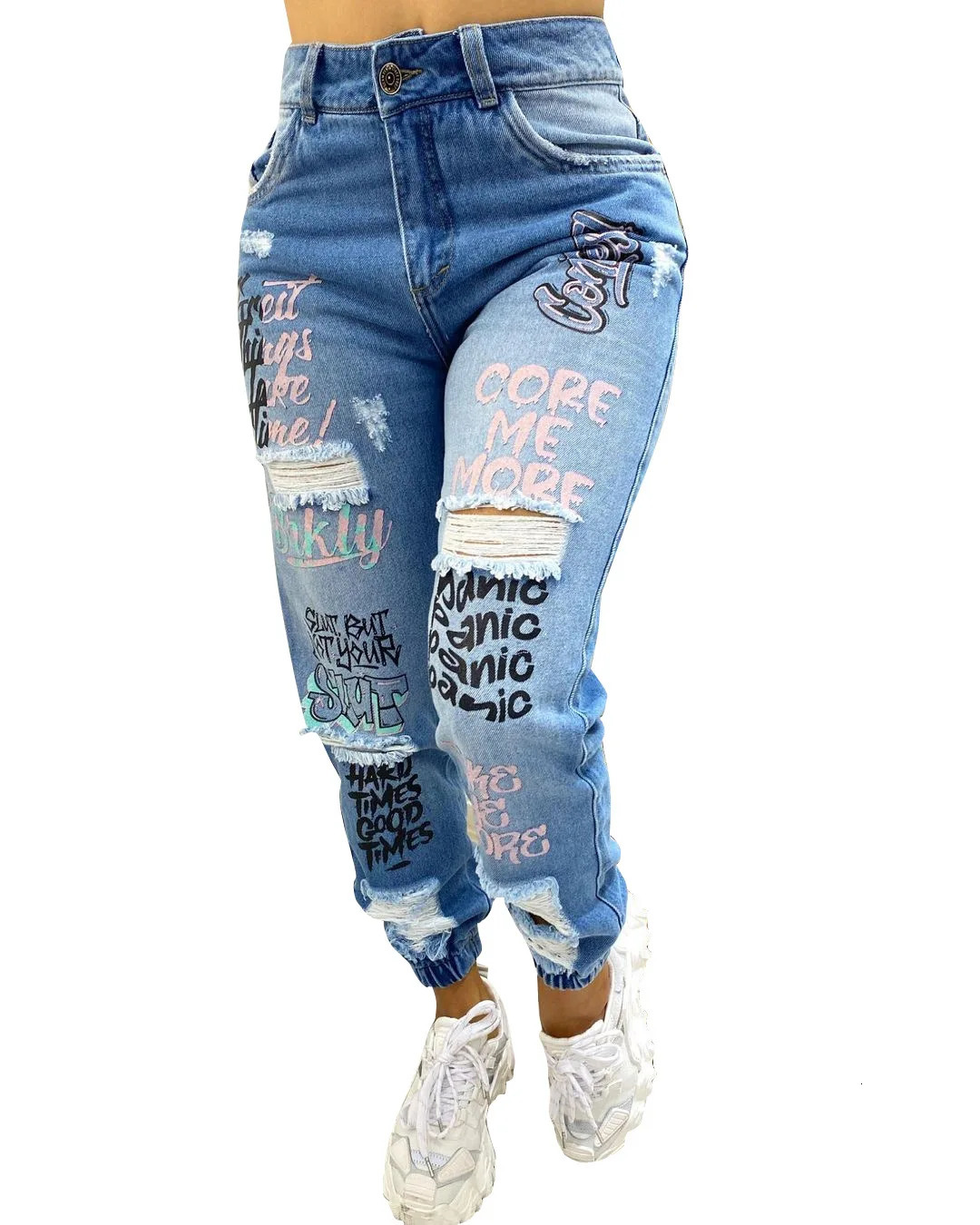 Women Denim Jeans Ankle Length Print Holes Pencil Pants Pockets Washing Slim Basics Zipper Fly Spring Flat Slight Strech 260922 - view 6