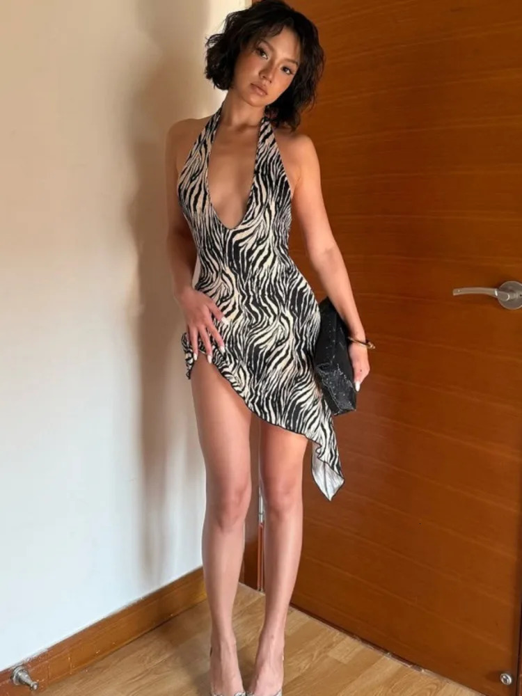 Blifanbo Leopard Print Sexy Mini Dress Women Irregular Halter Neck Backless Sleeveless Offshoulder Laceup Club Party Dress 260924 - view 5
