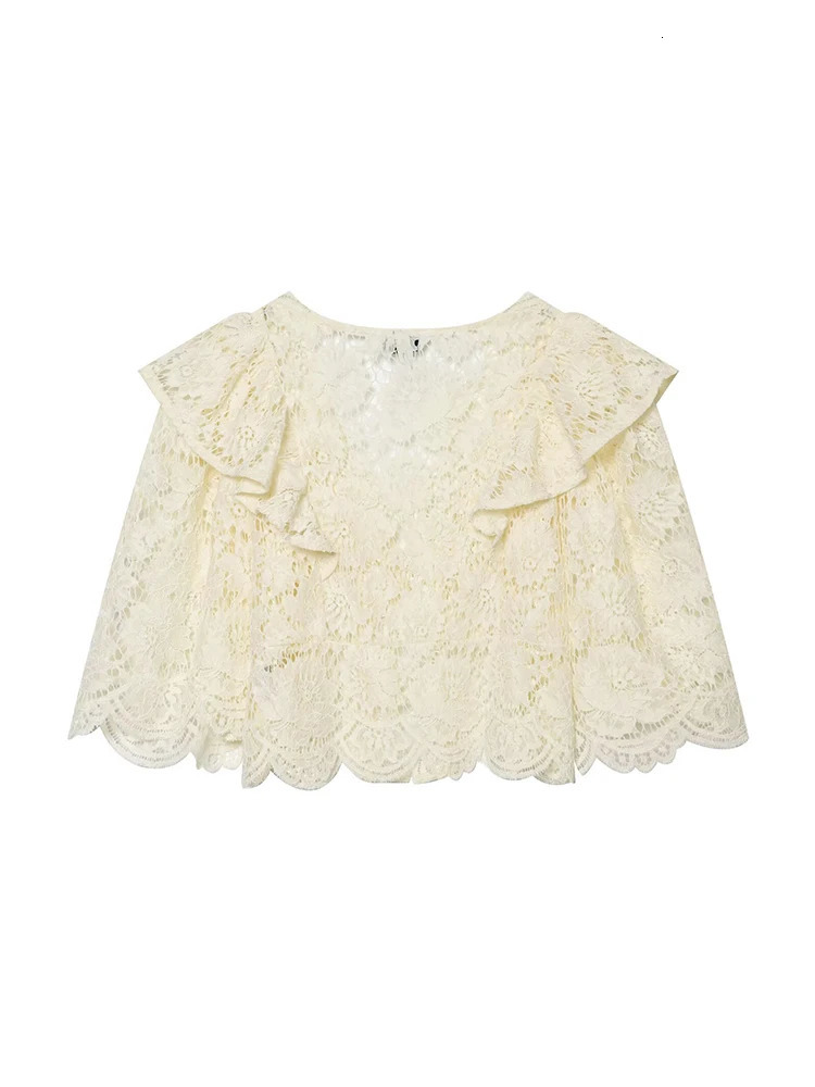 TFMLN Womens French Lace Blouses Ruffle Edge Hollow Out Casual Blouse Fashion Vneck Elegant Thin Commuting Top Female 260924 - view 6