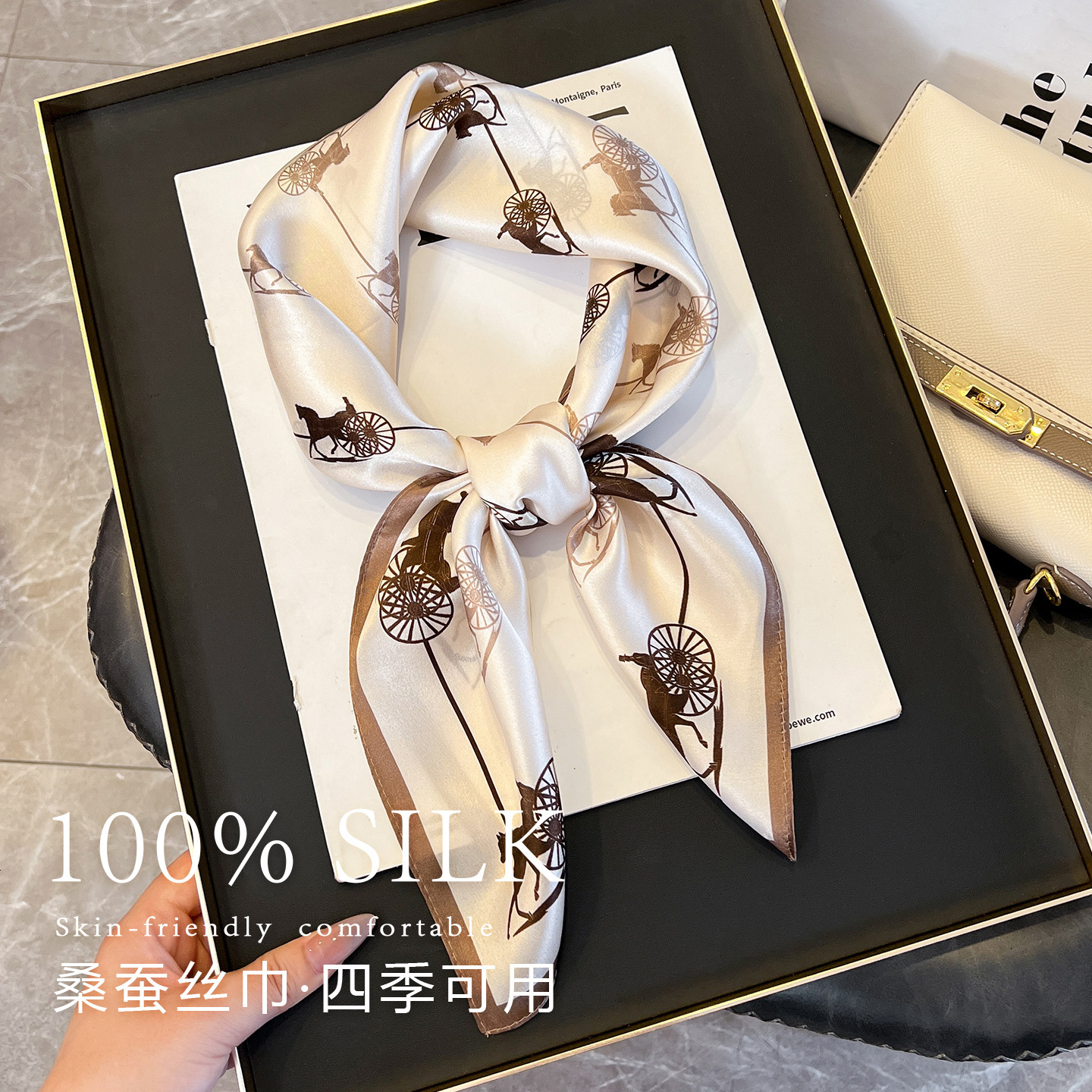 100% mulberry silk square women's ethnic style, featuring horse-drawn carriage print, 70% silk, high-quality scarf, shawl, perfect as a gift - view 4