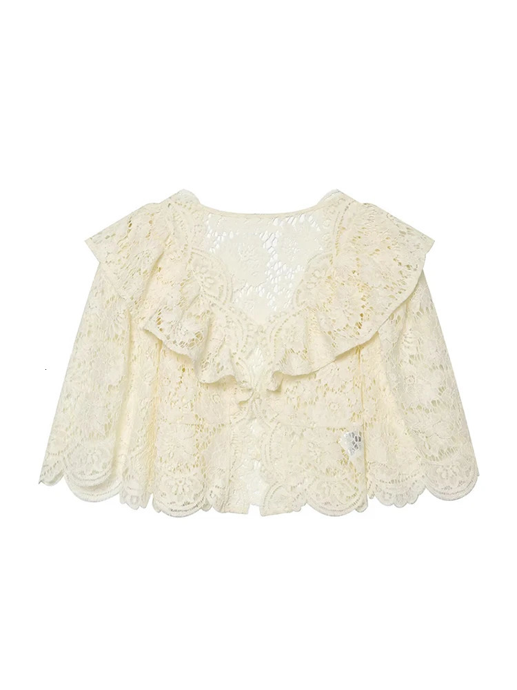 TFMLN Womens French Lace Blouses Ruffle Edge Hollow Out Casual Blouse Fashion Vneck Elegant Thin Commuting Top Female 260924 - view 5