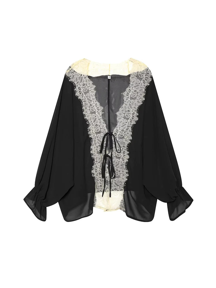 TFMLN Womens Lace Sheer Blouses Elegant Sexy Lace Up Hollow Long Sleeve V Neck Loose Fit Female Leisure Shirts Summer 260924 - view 6