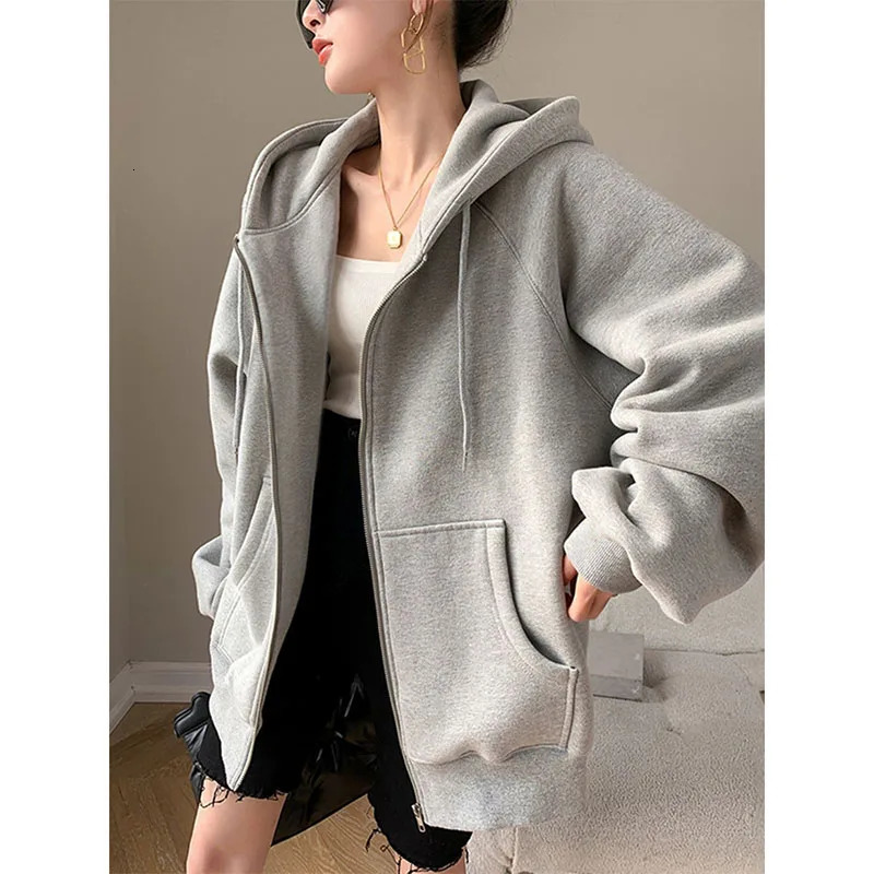 Gray Hooded Sweatshirts Women Autumn Winter Thicken Loose Zipper Cardigan Hoodies Female High Street Sports Casual Outerwear 260924