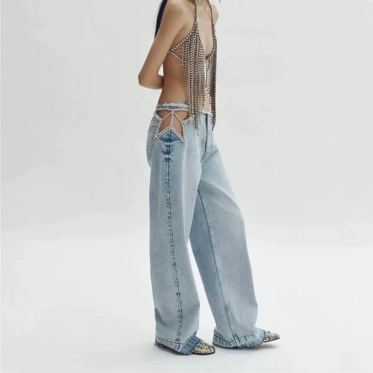 Light Blue Washed Wide Leg Jeans Women Star Cutout Rhinestone Waist Detail High Waist Baggy Denim Pants Y2K Streetwear 260924