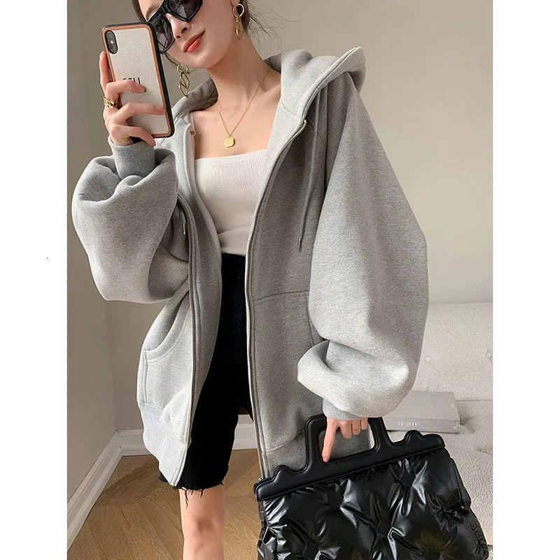 Gray Hooded Sweatshirts Women Autumn Winter Thicken Loose Zipper Cardigan Hoodies Female High Street Sports Casual Outerwear 260924 - view 3