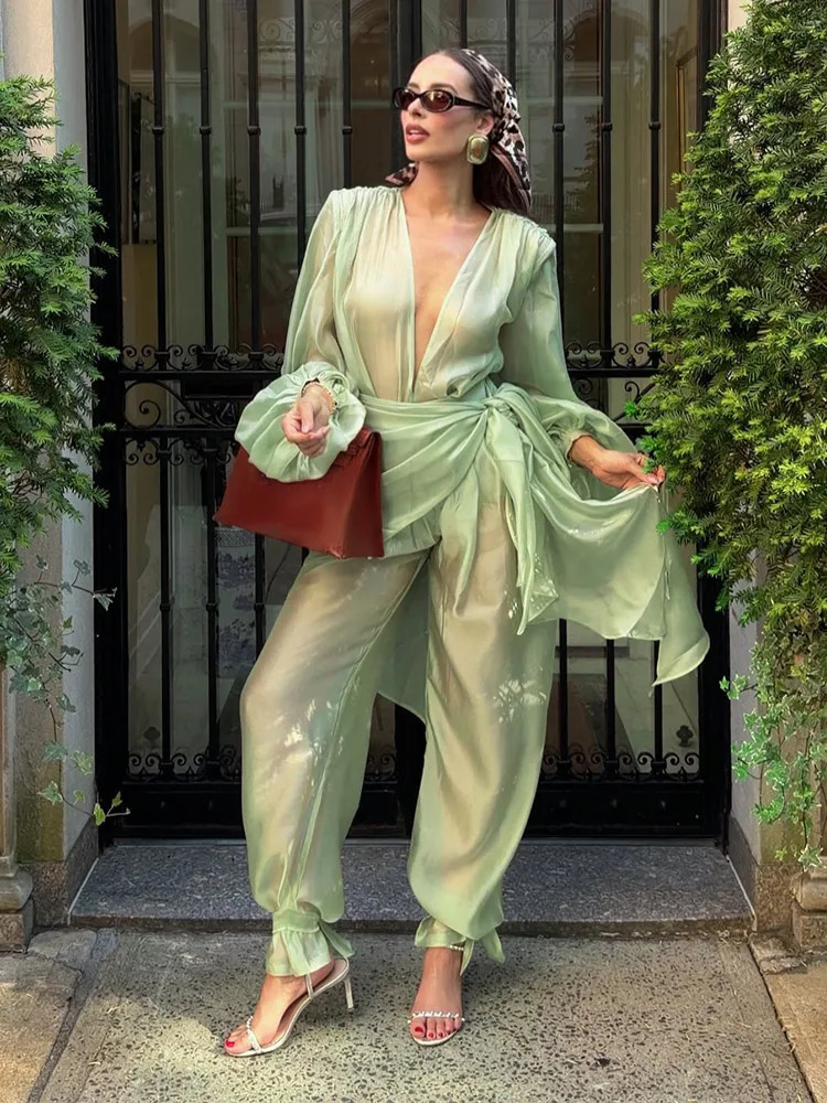 Transparent Deep Vneck Womens Jumpsuit Green Long Sleeve Tapered Pants Lady Fashion Elegant Female Rompers 2026 Summer 260924