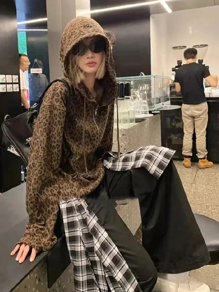 Y2K Leopard Print Hooded Jacket Women Full Zip Drawstring Hood Long Sleeve Loose Fit Streetwear Street Club Ladies Outerwear 260924 - view 4