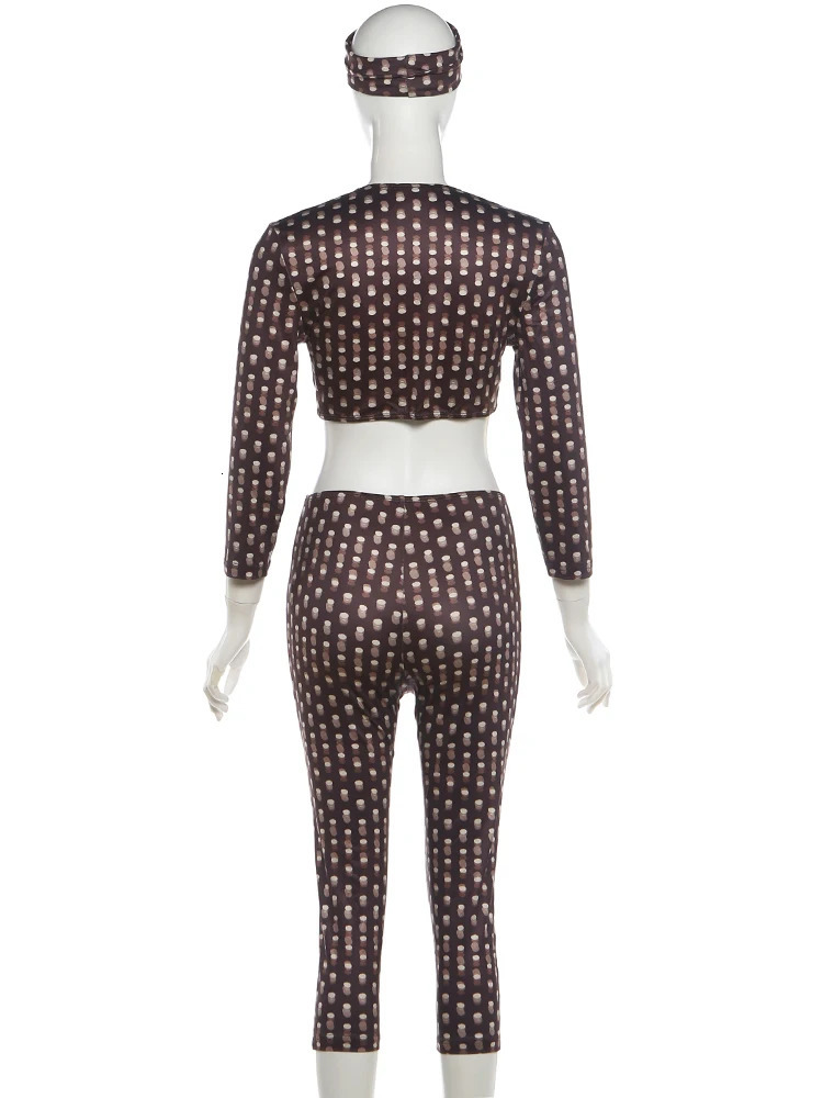 Weird Puss Sexy Fashion 3 Piece Set Woman Polka Dot Print HeadscarfLowNeck Full Sleeve TopsMetal Buckle Crop Pants Streetwear 260924 - view 7