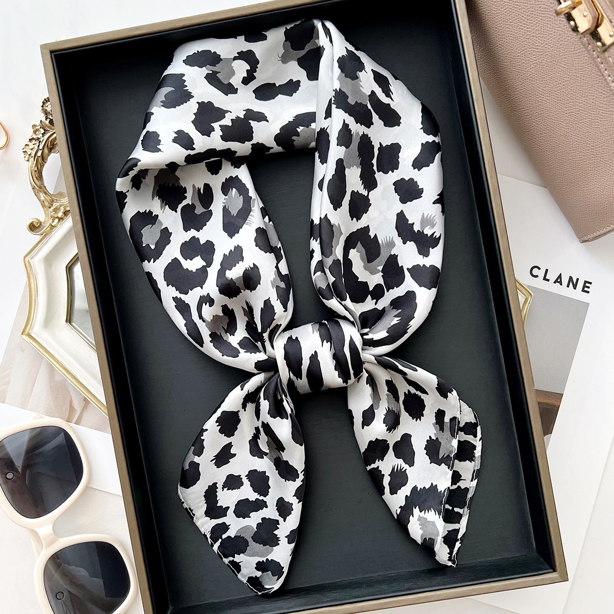 2026 new American retro leopard print silk scarf, thin square women, perfect spring autumn, versatile for decoration and as a warmer or small neck sca - view 4