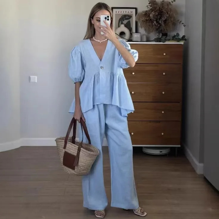 Women Solid Color V-Neck Bubble Short-Sleeved Trousers Suit Summer Women Short T-Shirt Top Long Pants Two Peice Sets 260922 - view 6