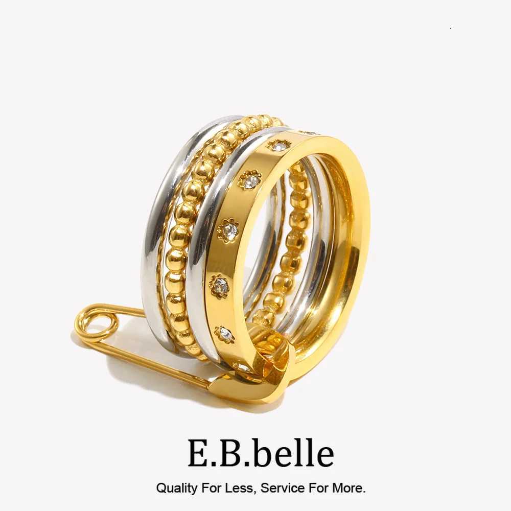Trendy E.B.belle Band Paper Rings Clip Double Color Four Layers Star Zircon Ring Women Stainless Steel 18K Gold Plated Statement Jewelry N260924 - view 3