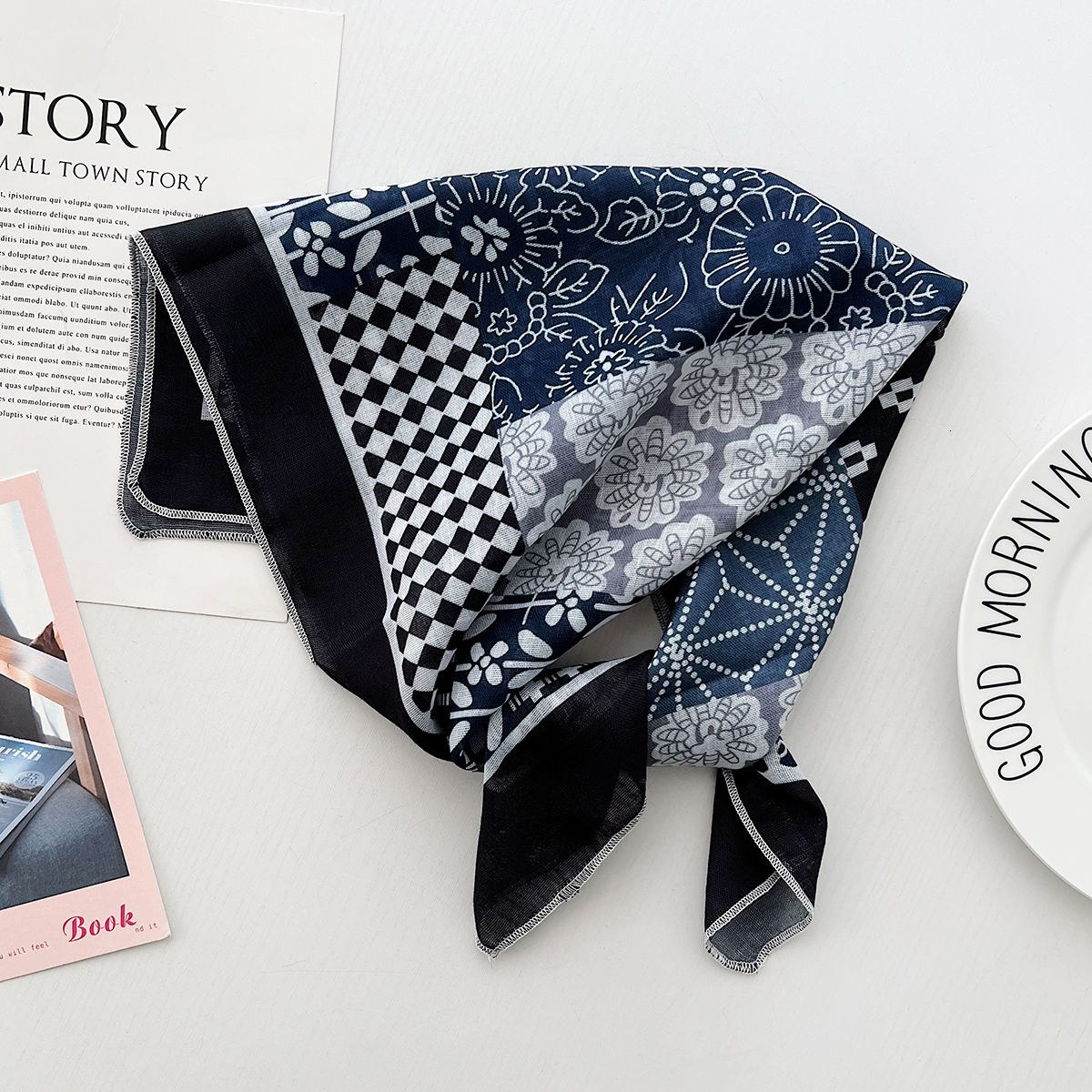 Spring summer French-style retro cotton and linen small square versatile neck thin silk scarf, multi-functional hair tie