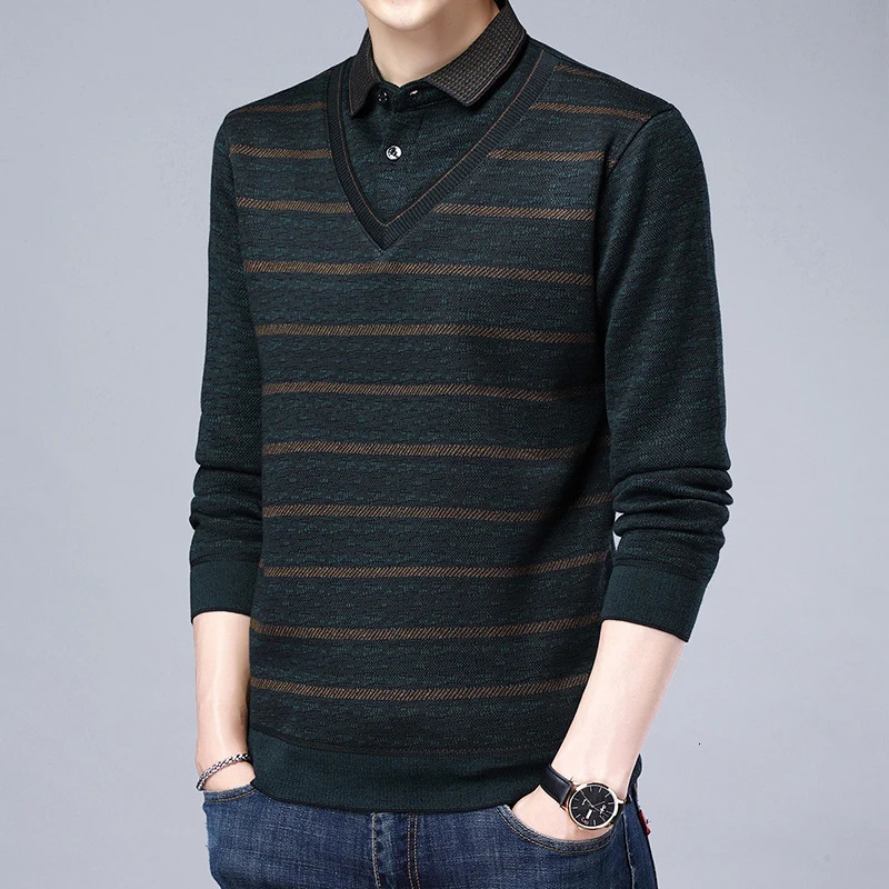 Spring Autumn Men's Single-Sided Two-Piece Long-Sleeved T-Shirt Lapel Button Stripe Business Casual Urban Style Men's Wear 260923 - view 3
