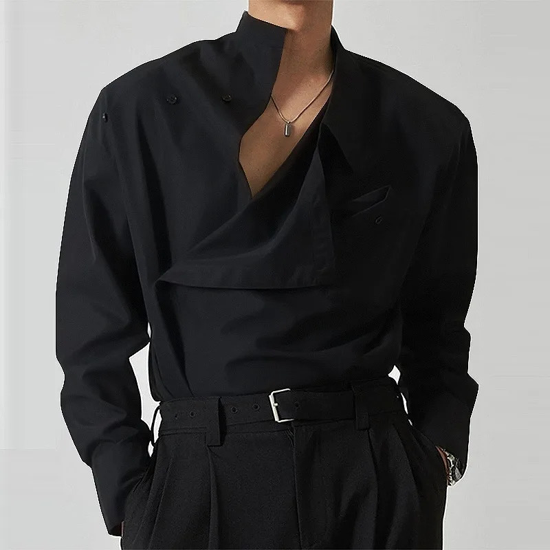 Mens Irregular Asymmetric Collar Button Detail Long Sleeve Shirt ner Formal Casual Top 260922 - view 6