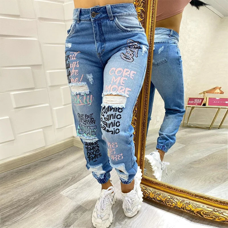 Women Denim Jeans Ankle Length Print Holes Pencil Pants Pockets Washing Slim Basics Zipper Fly Spring Flat Slight Strech 260922