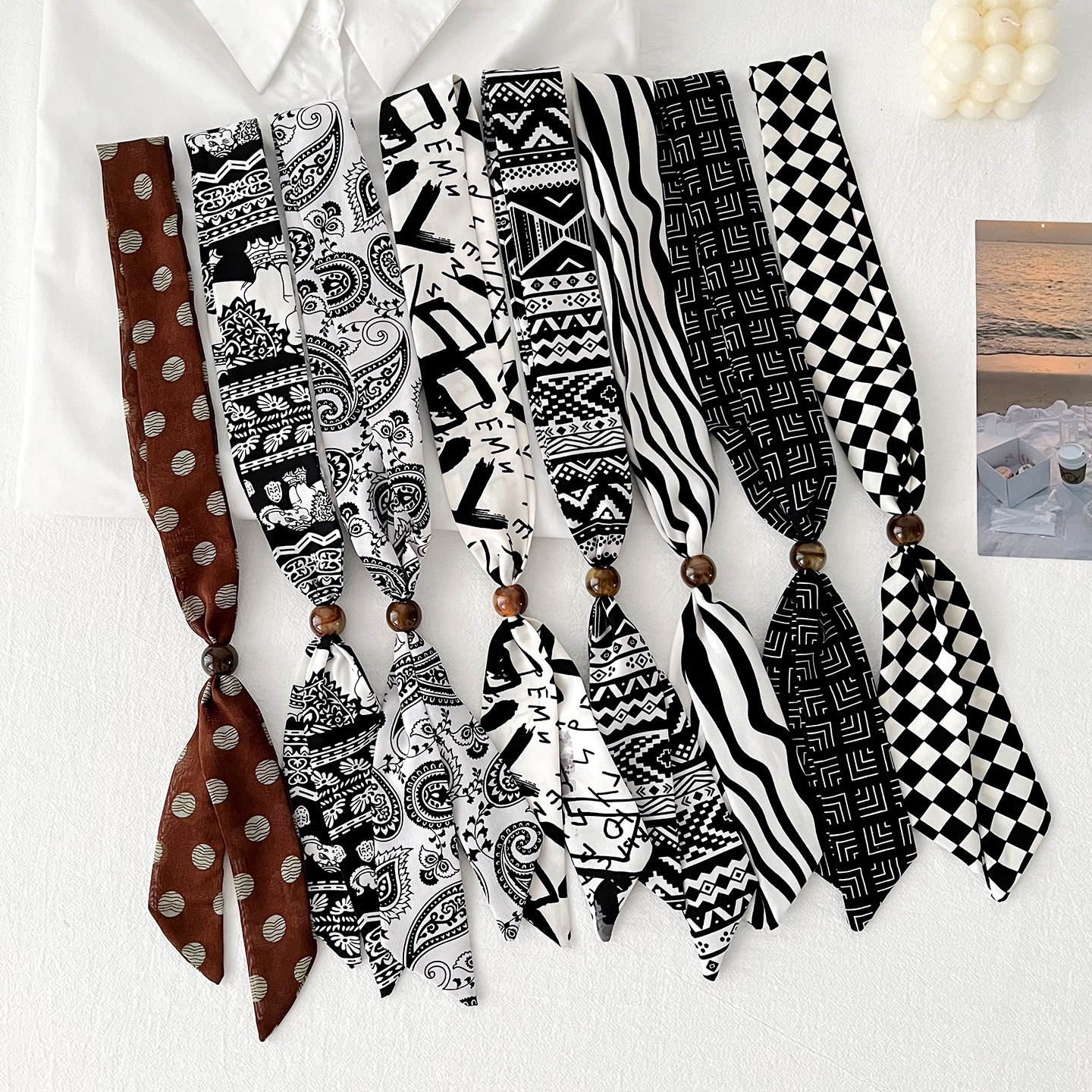 Korean-style geometric pattern beaded women's summer long scarf, decorative high-end accessory, small neck scarf