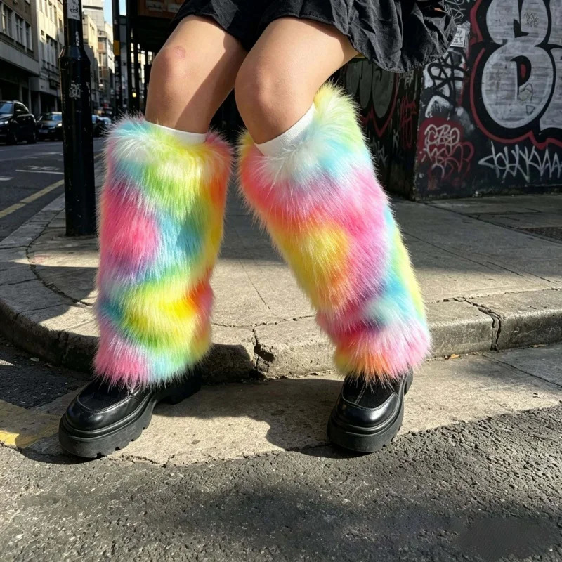 Women Rainbow Fluffy Faux Fur Leg Warmers Y2K Colorful Plush Long Boot Cover Rave Festival Cosplay Leg Socks 260924 - view 3