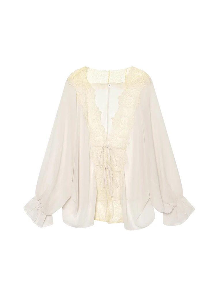 TFMLN Womens Lace Sheer Blouses Elegant Sexy Lace Up Hollow Long Sleeve V Neck Loose Fit Female Leisure Shirts Summer 260924 - view 5