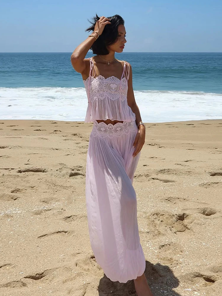 Women Pink Lace Mesh 2 Piece Outfit Straps Floral Cropped Cami High Waist Wide Leg Trousers Set Bohemian Seaside Holiday Suit 260922 - view 6