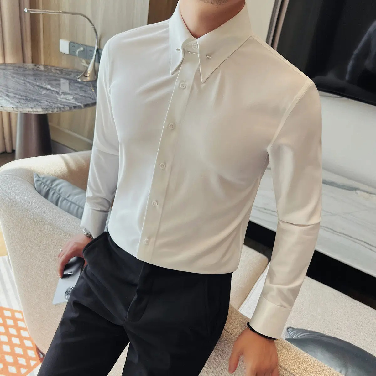 Men Business Shirt Long Sleeve Solid Black White Formal Dress Shirt Slim Metal Pin Collar n Office Work Wear Male Camisa 260922 - view 7