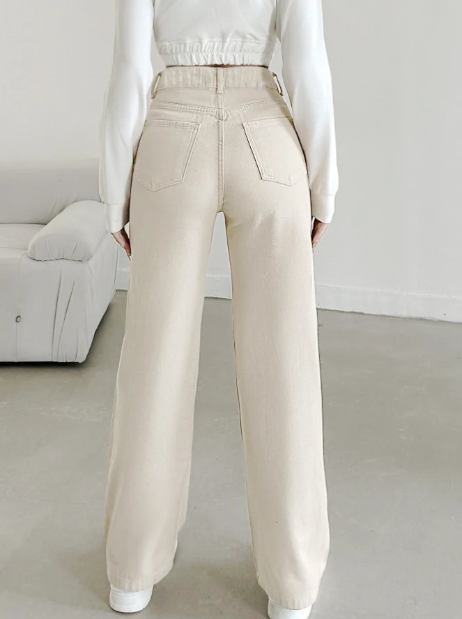 Women's autumn jeans made of cotton denim in a beige apricot color straight-leg slim fit high-waisted elastic waistband 260922 - view 3