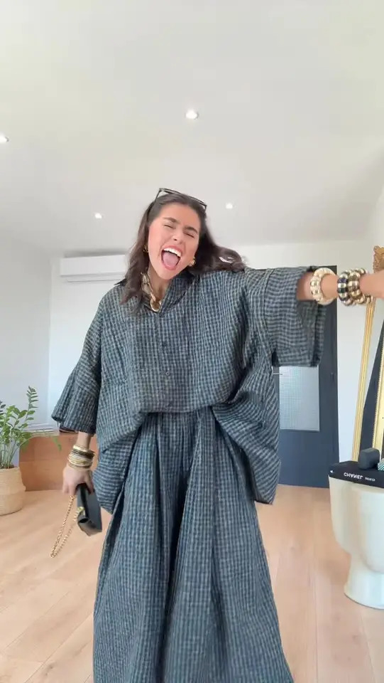 Loose Plaid Shirt Pants Two-piece Set Three Quarter Sleeve Oversize Blouses Wide Leg Pants Suit 2026 Fashion Women Casual Sets 260922