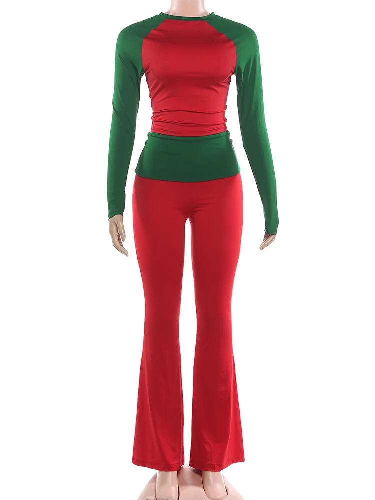 Nibber Christmas Party 2Piece Set Woman Contrast Patchwork oNeck Full Sleeve Crop TopsHigh Waist Long Pant Casual Fashion Suit 260924 - view 7
