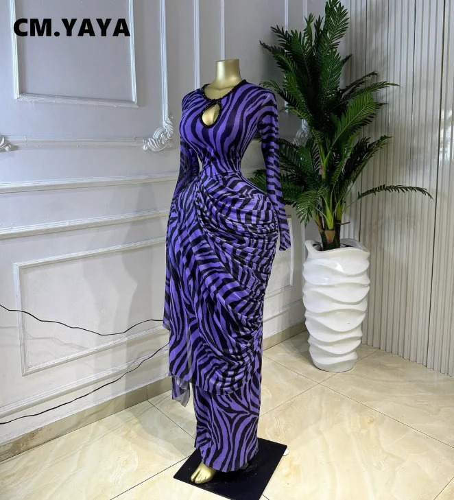 CM.YAYA Women Striped Print Ribbon Ruched Long Sleeve Bodycon Maxi Long Dress 2026 Sexy Birthday Party Education Trendy Dresses 260922 - view 4