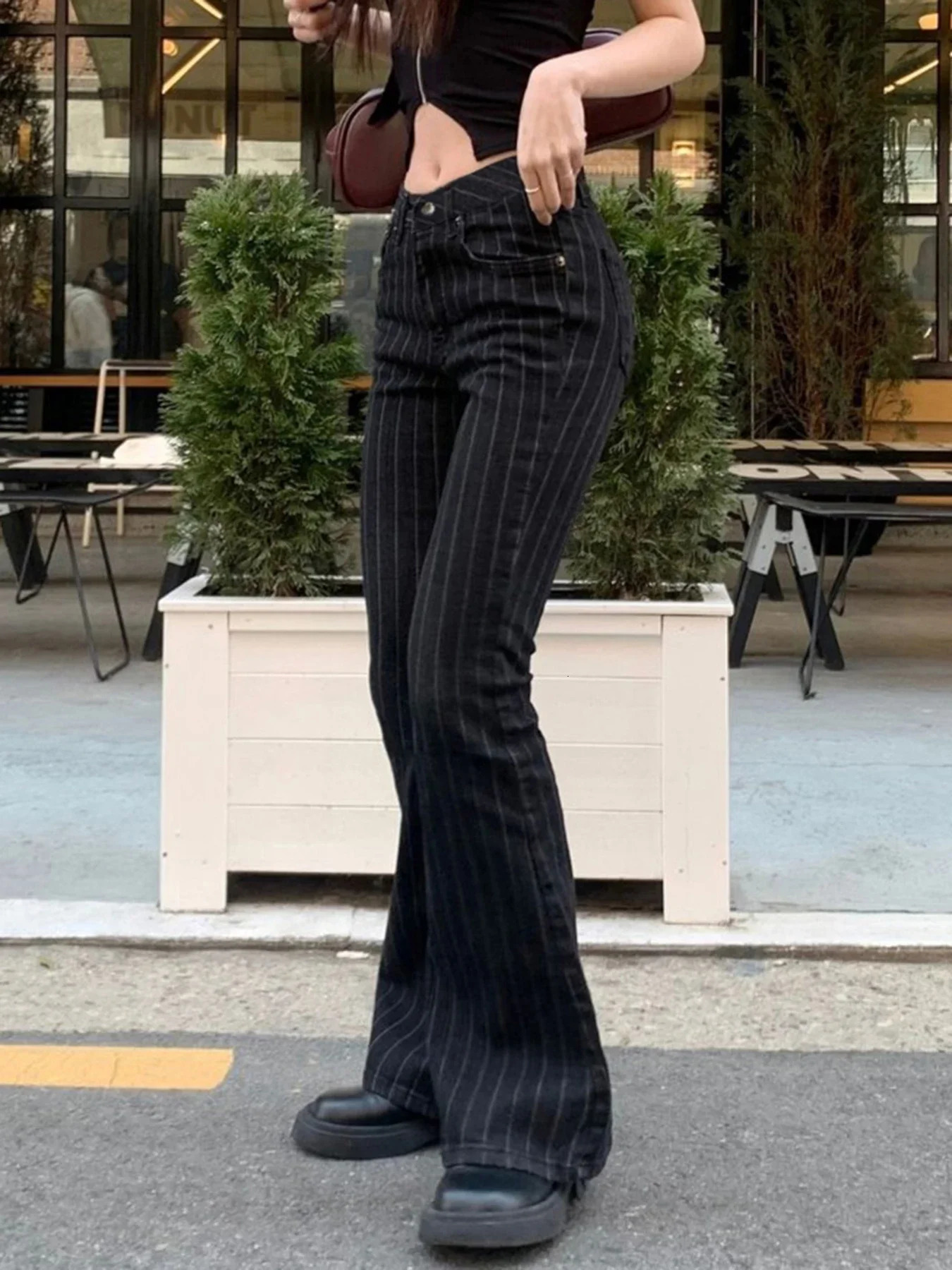 FDEY Stripe Slim Vintage Chic Jeans Zipper Pockets Fashion Low Waisted Button 90s Pants Streetwear All-match For Women 260922 - view 6