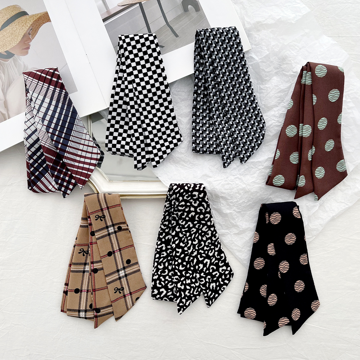 Long Strip High-End Feel Ins French Thin Narrow Neck for Women Korean Style Outfit Silk Scarf Polka Dot Plaid Print Ribbon - view 3