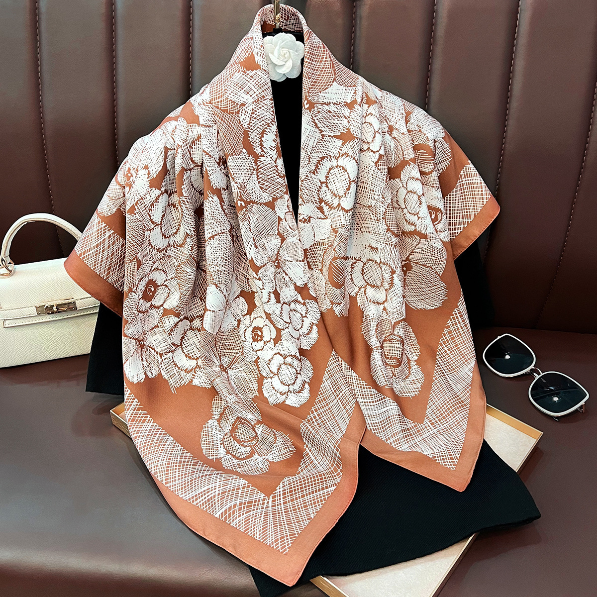 Spring autumn lightweight floral print neck scarf, twill fabric, elegant and stylish, suitable for commuting - view 3