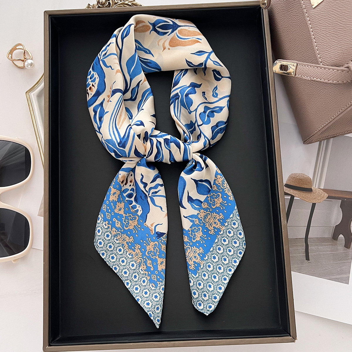 Summer blue leaf pattern silk scarf, new style women, with sophisticated look, practical gift for mothers, and a decorative scarf