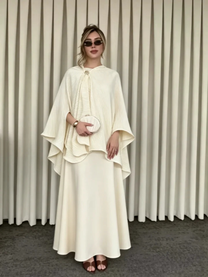 Women White Pleated Cape Set Loose Long Sleeved Ruffles Blouse Aline Maxi Flowy Skirt 2026 Chic Formal Evening Party Outfit 260922 - view 5