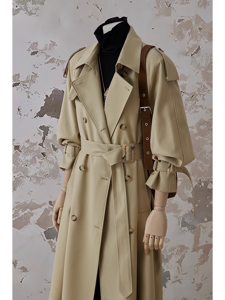 Lautaro Spring Autumn Oversized Khaki Long Trench Coat for Women Double Breasted Loose Casual Black Korean Fashion Overcoat 2025 - view 3