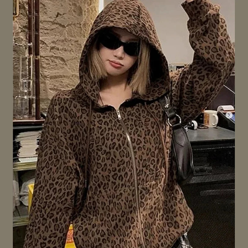 Y2K Leopard Print Hooded Jacket Women Full Zip Drawstring Hood Long Sleeve Loose Fit Streetwear Street Club Ladies Outerwear 260924 - view 7
