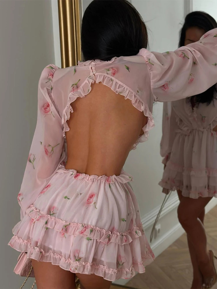 Floral Printed Backless Mini Dress Women Elegant O Neck Long Sleeved Ruffles Aline Dresses Summer Chic Female Holiday Vestido 260922 - view 5