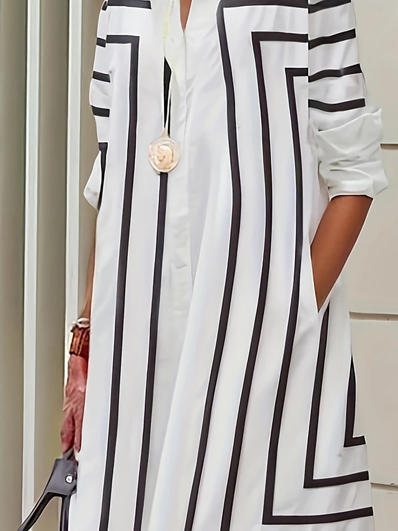 Women's Casual Striped Button Loose Fit Knee-Length Short Sleeve Black White Vertical Stripes for Spring Summer Fall 260922 - view 6