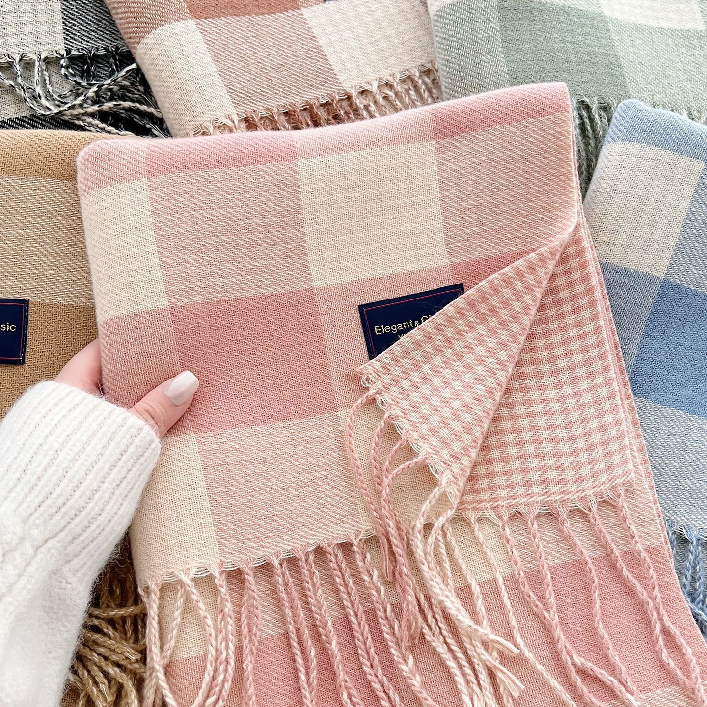 2026 Autumn/Winter New Versatile Korean-Style Scarf for Women, Thick Knitted Tassel Warm Neck Warmer, Imitation Cashmere Plaid Shawl - view 5