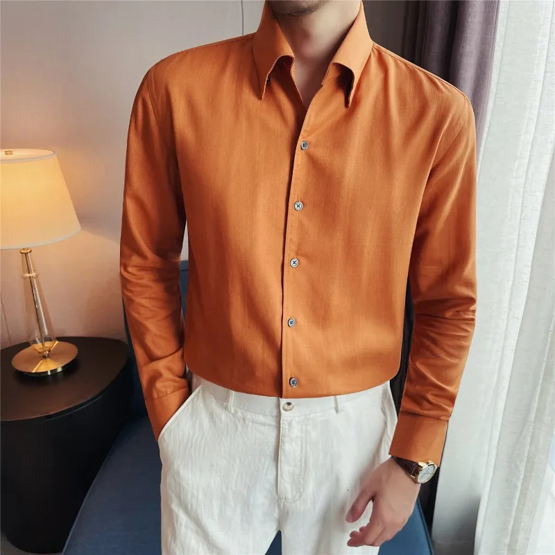 100% Lyocell Breathable Shirts for Men Clothes Business Social Formal Wear Solid Color Slim Fit Thin Long Sleeve Dress Shirt 260922 - view 5