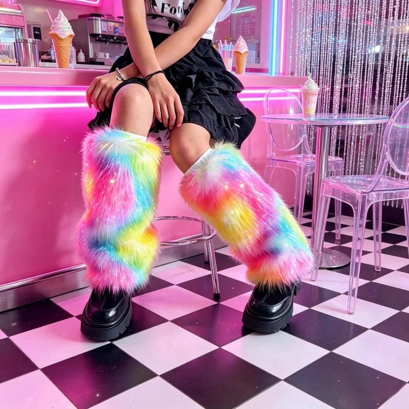 Women Rainbow Fluffy Faux Fur Leg Warmers Y2K Colorful Plush Long Boot Cover Rave Festival Cosplay Leg Socks 260924 - view 6