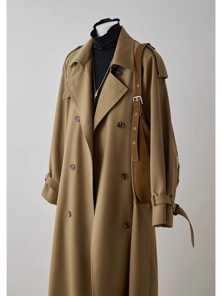 Lautaro Spring Autumn Oversized Khaki Long Trench Coat for Women Double Breasted Loose Casual Black Korean Fashion Overcoat 2025 - view 5