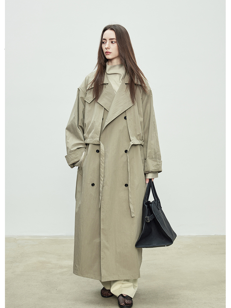 Lautaro Spring Autumn Oversized Khaki Long Trench Coat for Women Double Breasted Loose Casual European Fashion Overcoat 2025 - view 6