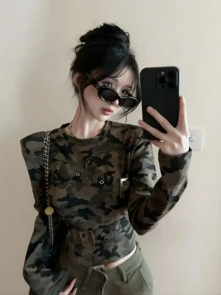 Tactic Camo Long Sleeve T-Shirts Women Autumn Coquette Sexy Y2K Top Belted Trendy Fashion Oversized Fitted Basic Tees 260920 - view 3