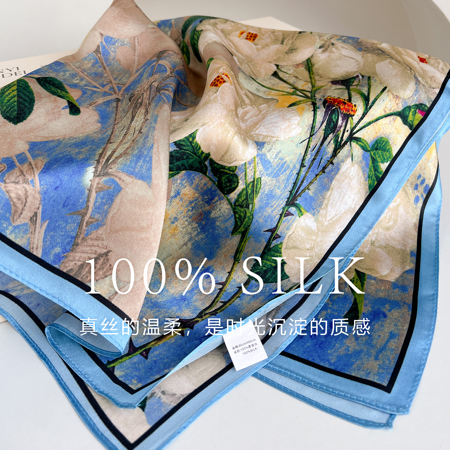 100% mulberry silk women's white rose print, 70*70 square scarf, elegant versatile decorative scarf and neckerchief - view 5